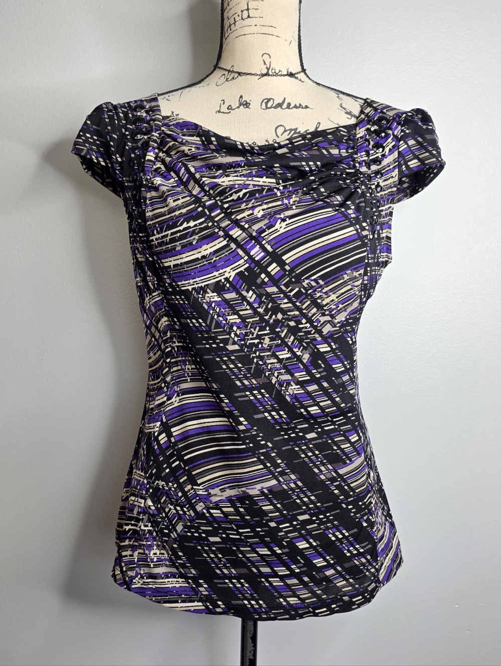 Y2k Worthington Cowl Neck Beaded Cap Sleeve Blouse Purple Abstract Print L
